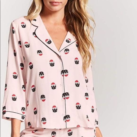 Forever21 Pink Pajama Button Up Pink Cat Top - Picture 1 of 7